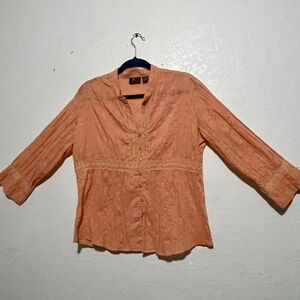 ALC ATLAST CLASSICS Orange Sherbet Boho Crochet Trim Floral Print Blouse SZ XL